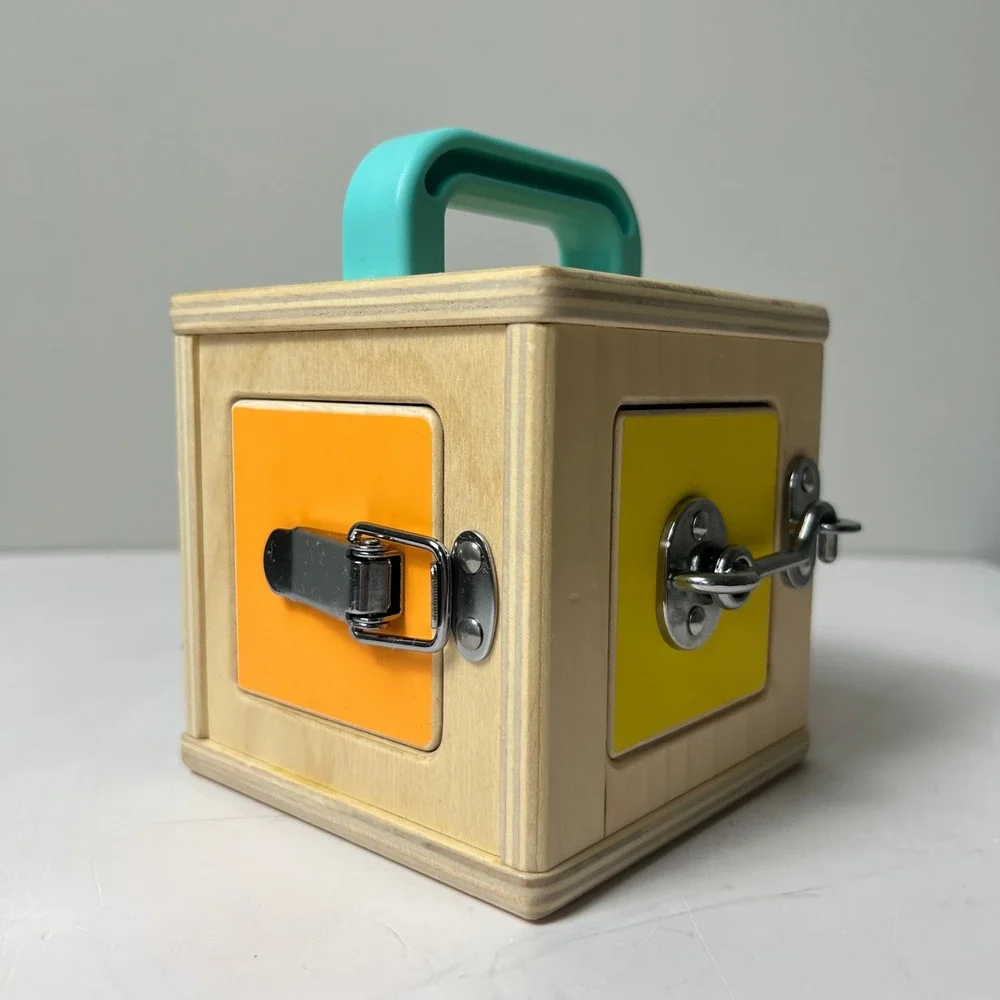 Lovevery Lockbox Toy Toddler OS Tan Montessori Wooden Latches Activity Cube Box